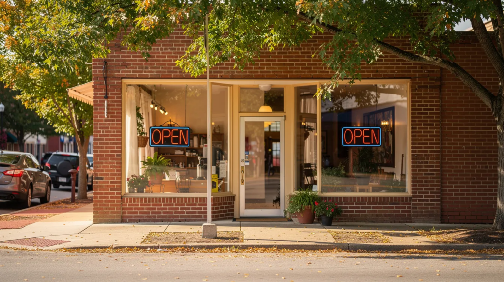Small business storefront with OPEN signs in a Tennessee downtown
