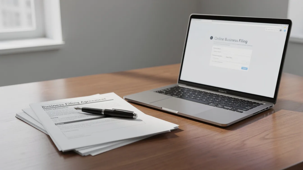 Laptop showing an online business filing form next to signed paperwork