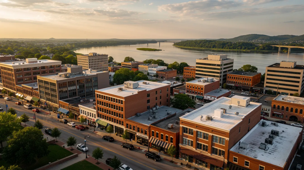 Aerial view of a Tennessee downtown business district along the river