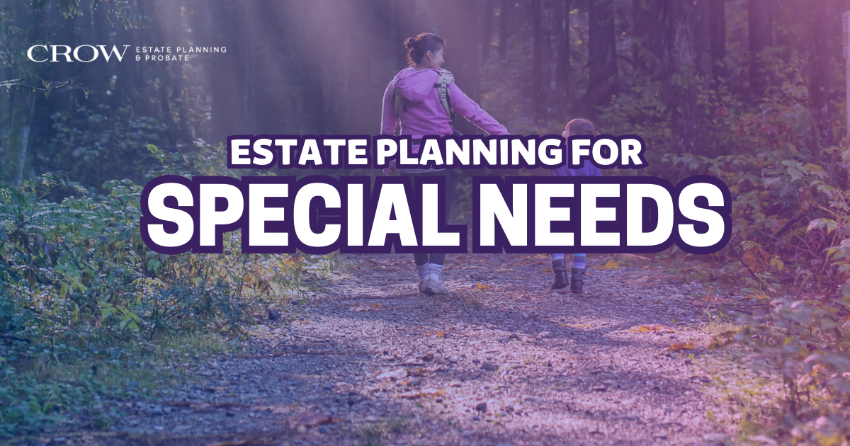 The text "estate planning for special needs" in front of an image of a mother and her child are taking a hike in the woods.