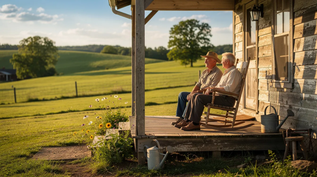 Elderly couple sitting on a farmhouse porch overlooking rural Tennessee land
