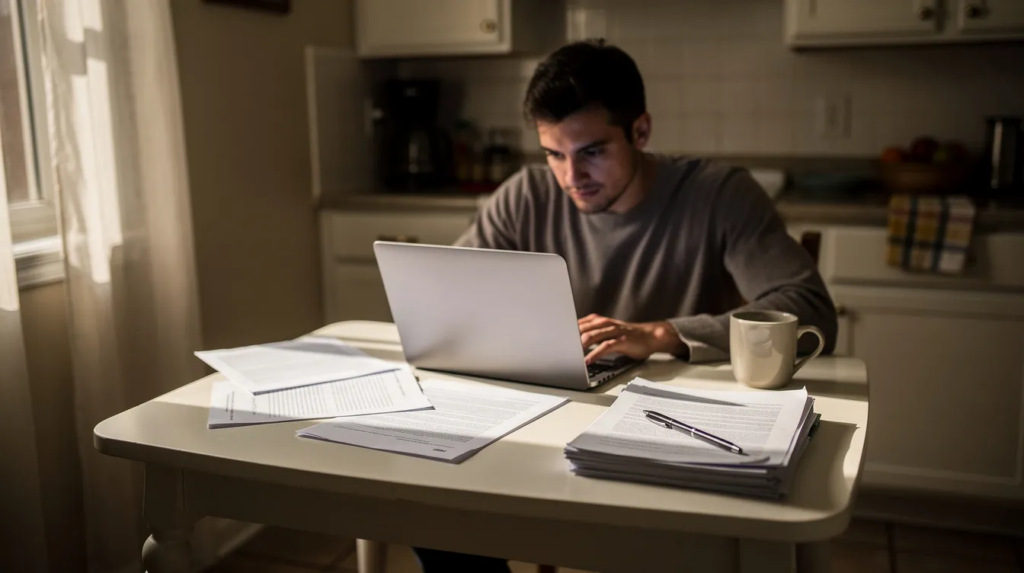 Man using a laptop at his kitchen table to draft an online will