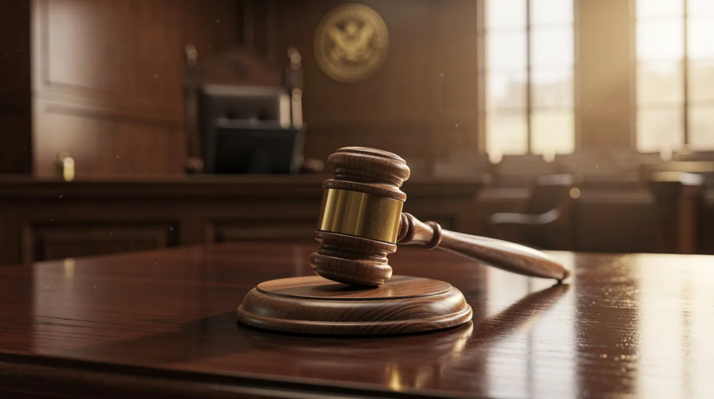 Judge's gavel resting on the bench in an empty courtroom