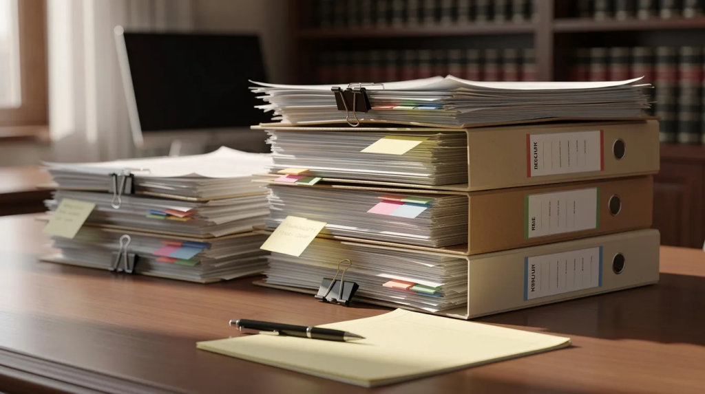 Stacked legal case files and folders on an attorney's desk