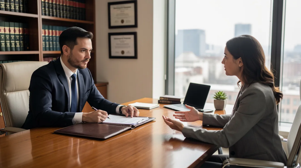 Estate planning attorney meeting with a client in his law office